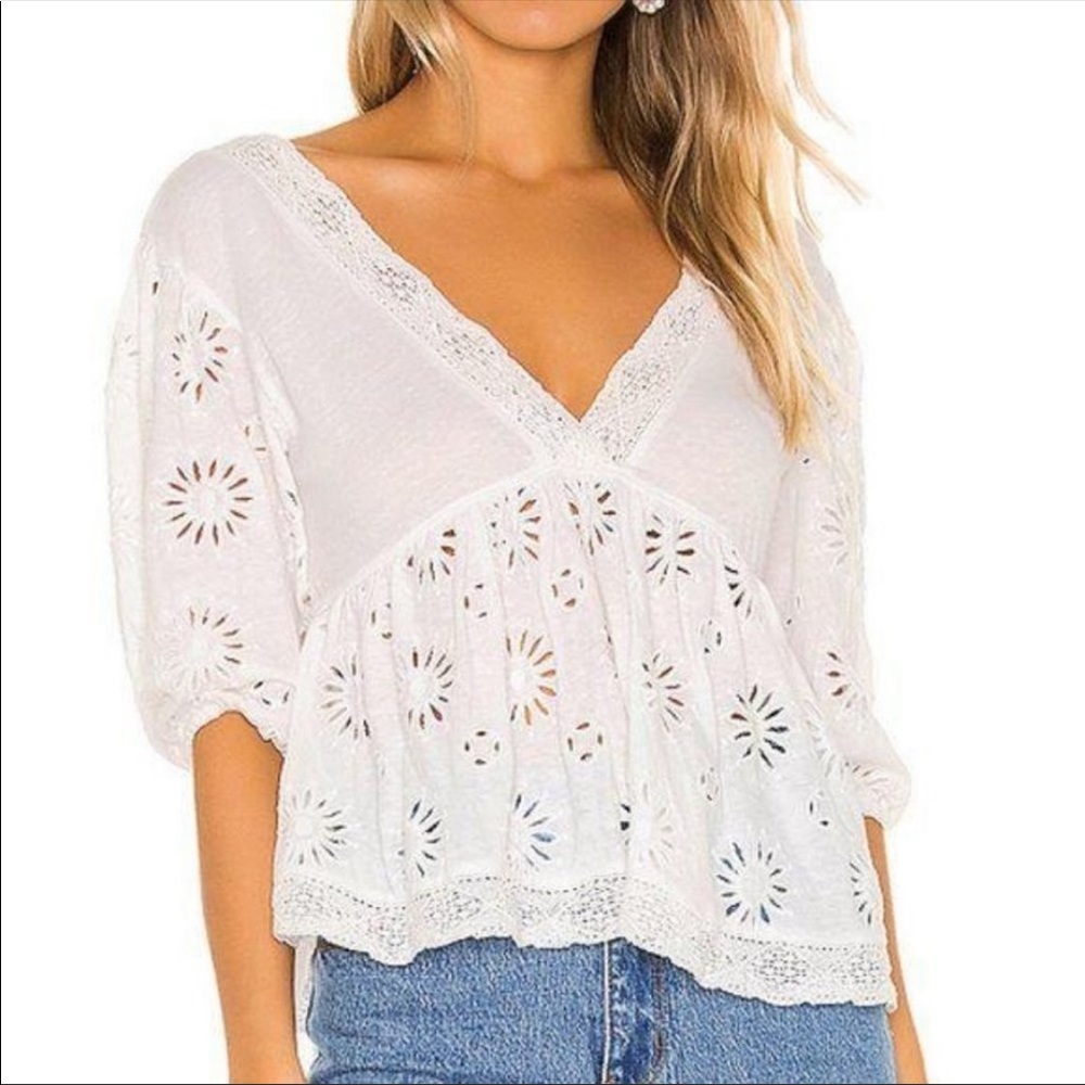 Free People XS White Boho Lace Up Eyelet Blouse